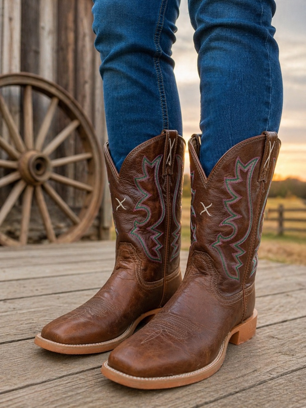 Twisted X Brown Leather Cowboy Boots with Multicolor Stitching